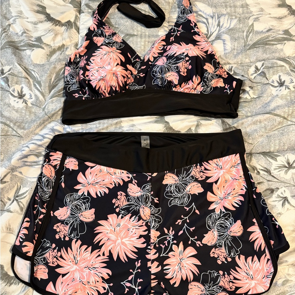 SHEIN Black and Pink Floral Bikini Set